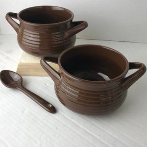 Vintage SCM Glazed Stoneware Brown Ribbed 2 Bowls with Handles & 1 Spoon